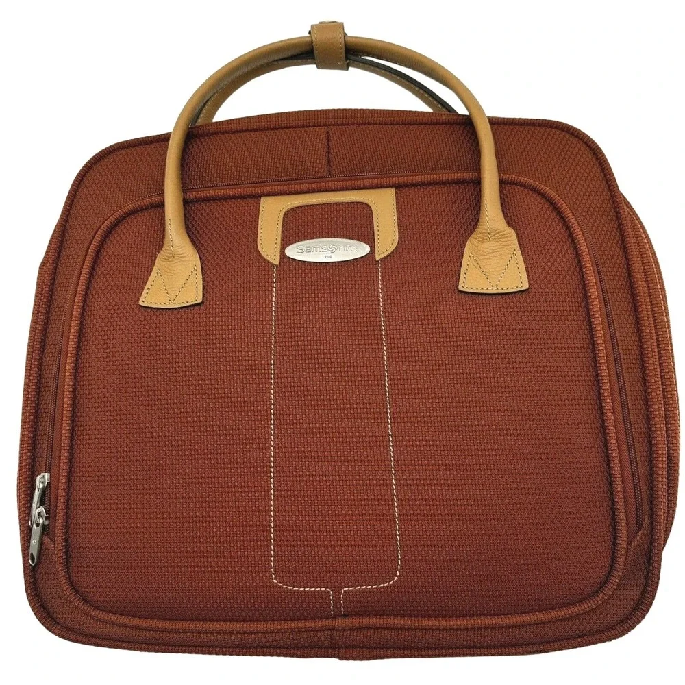 SAMSONITE burnt orange tweed footed briefcase laptop bag carry on leather strap